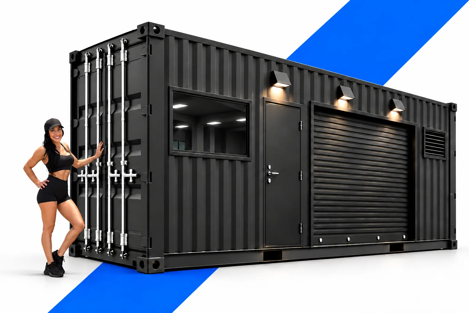 Woman in a plain black cap standing beside a black custom shipping container